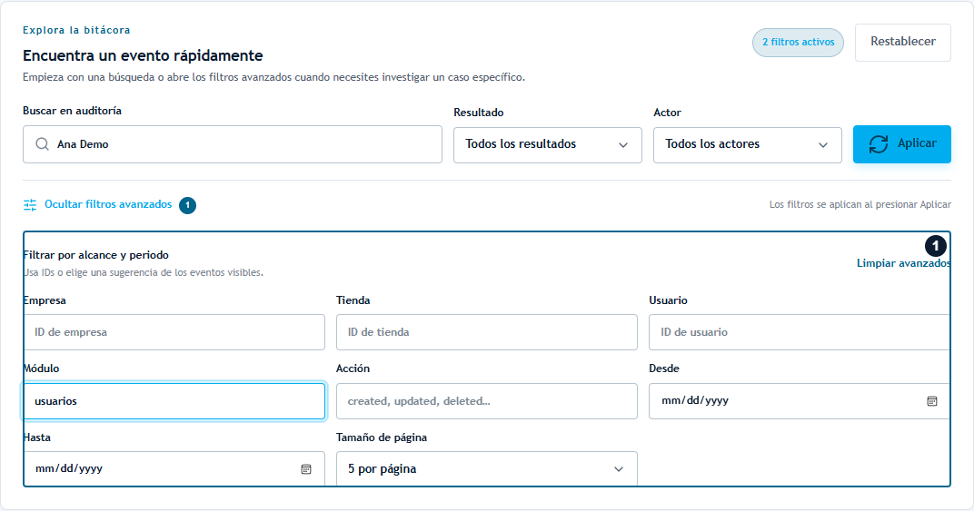 Auditoría: filtros avanzados con módulo usuarios Auditoría: filtros avanzados con módulo usuarios