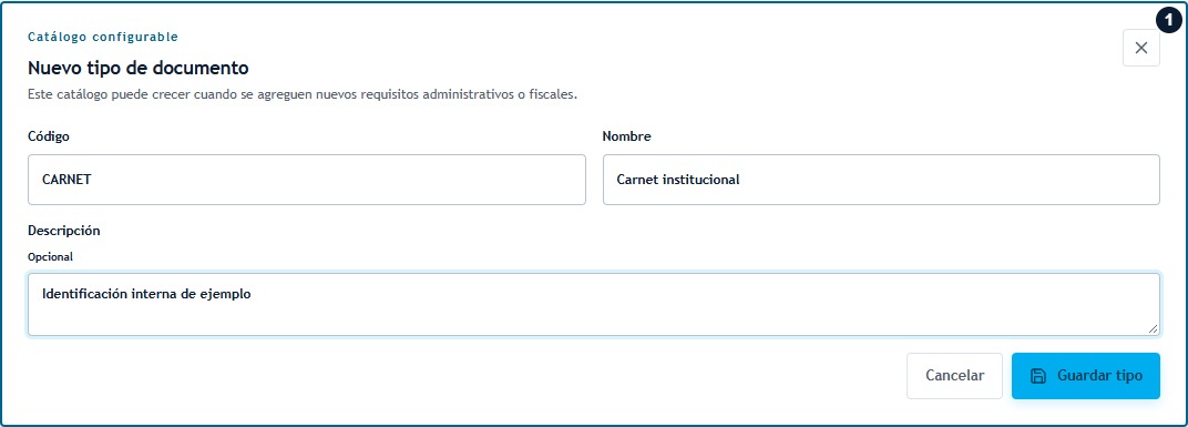 Nuevo tipo de documento: código CARNET y nombre Carnet institucional Nuevo tipo de documento: código CARNET y nombre Carnet institucional