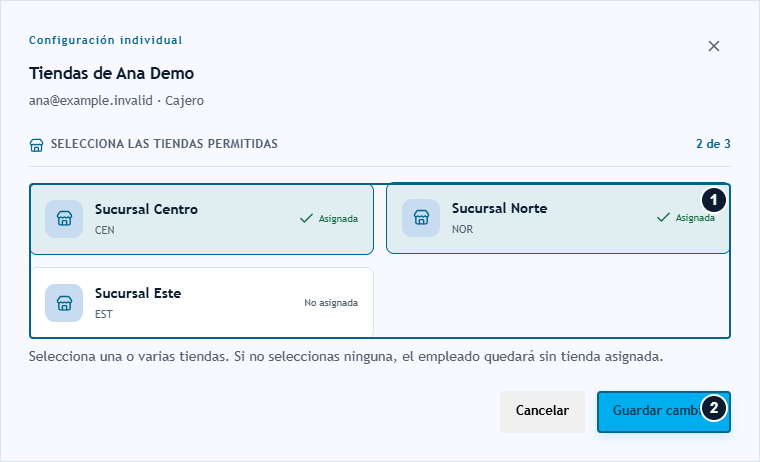 Tiendas de Ana Demo: Centro y Norte seleccionadas antes de guardar Tiendas de Ana Demo: Centro y Norte seleccionadas antes de guardar