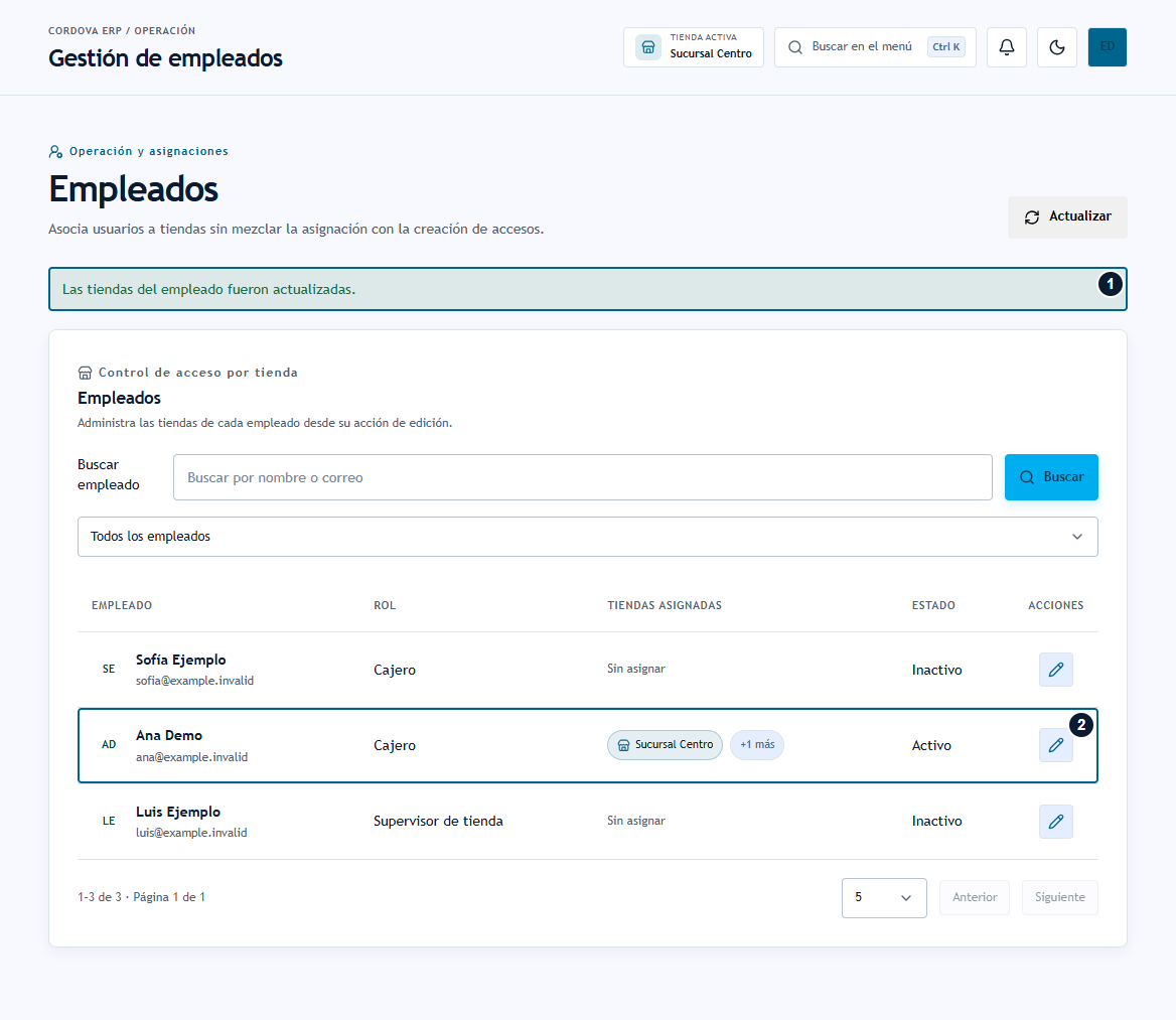 Empleados: confirmación de asignación y tiendas Centro y Norte de Ana Demo Empleados: confirmación de asignación y tiendas Centro y Norte de Ana Demo