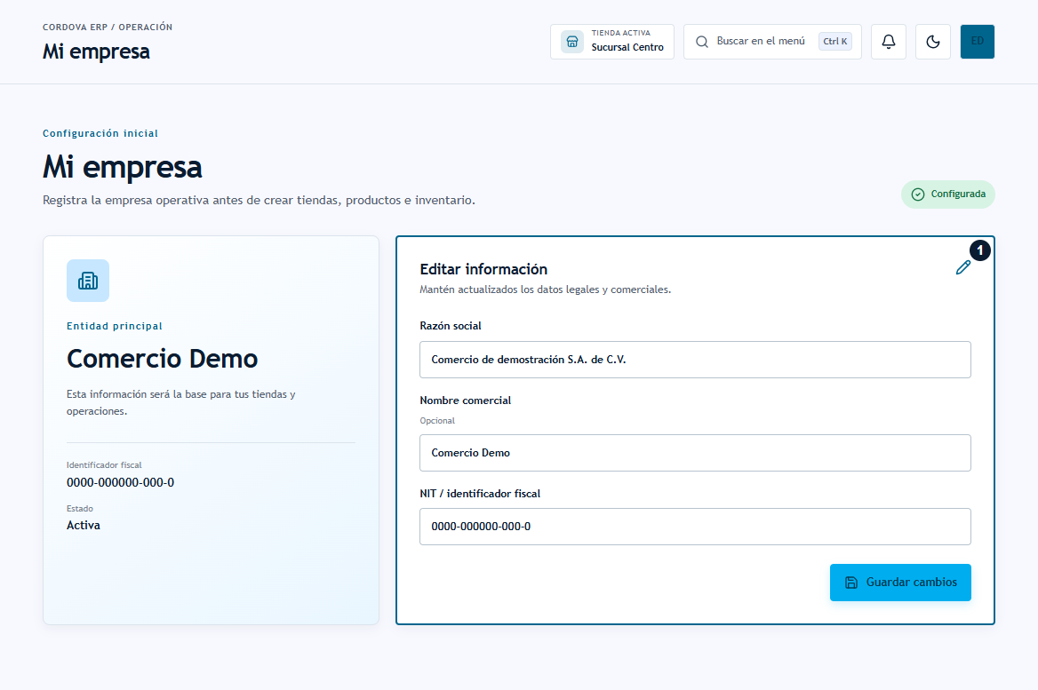 Mi empresa: ubicación del formulario de datos de la entidad Mi empresa: ubicación del formulario de datos de la entidad