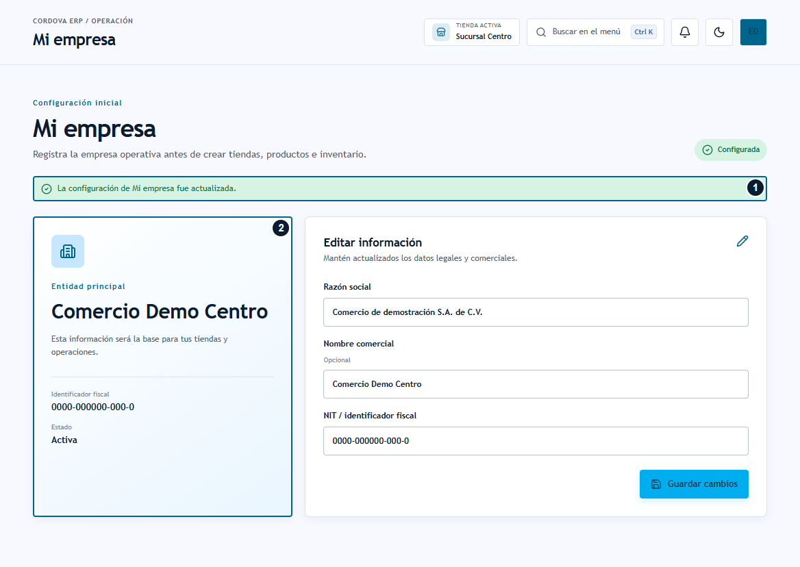 Mi empresa: confirmación de datos guardados y tarjeta de entidad principal Mi empresa: confirmación de datos guardados y tarjeta de entidad principal