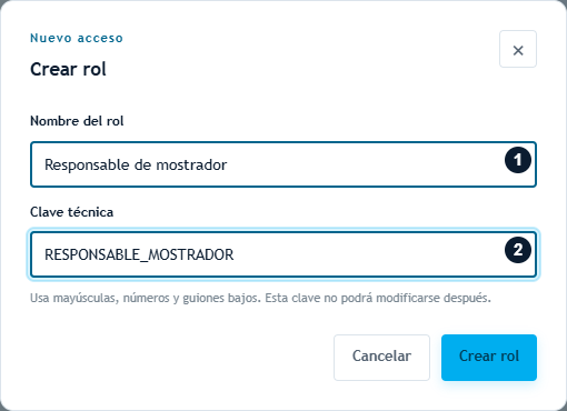 Crear rol: nombre Responsable de mostrador y clave técnica Crear rol: nombre Responsable de mostrador y clave técnica