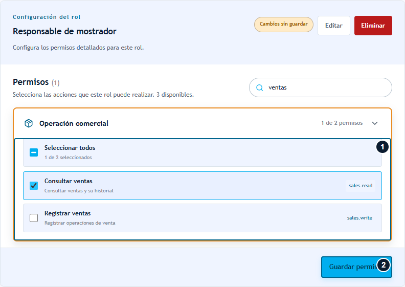 Rol Responsable de mostrador: permiso Consultar ventas marcado y pendiente de guardar Rol Responsable de mostrador: permiso Consultar ventas marcado y pendiente de guardar