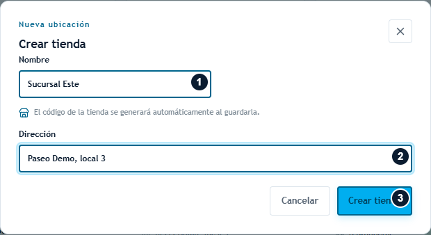 Crear tienda: nombre y dirección de Sucursal Este listos para guardar Crear tienda: nombre y dirección de Sucursal Este listos para guardar