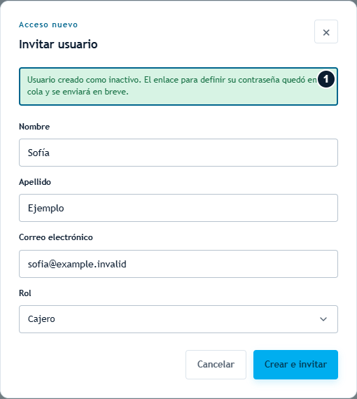 Invitación creada: cuenta inactiva y enlace de contraseña en cola Invitación creada: cuenta inactiva y enlace de contraseña en cola