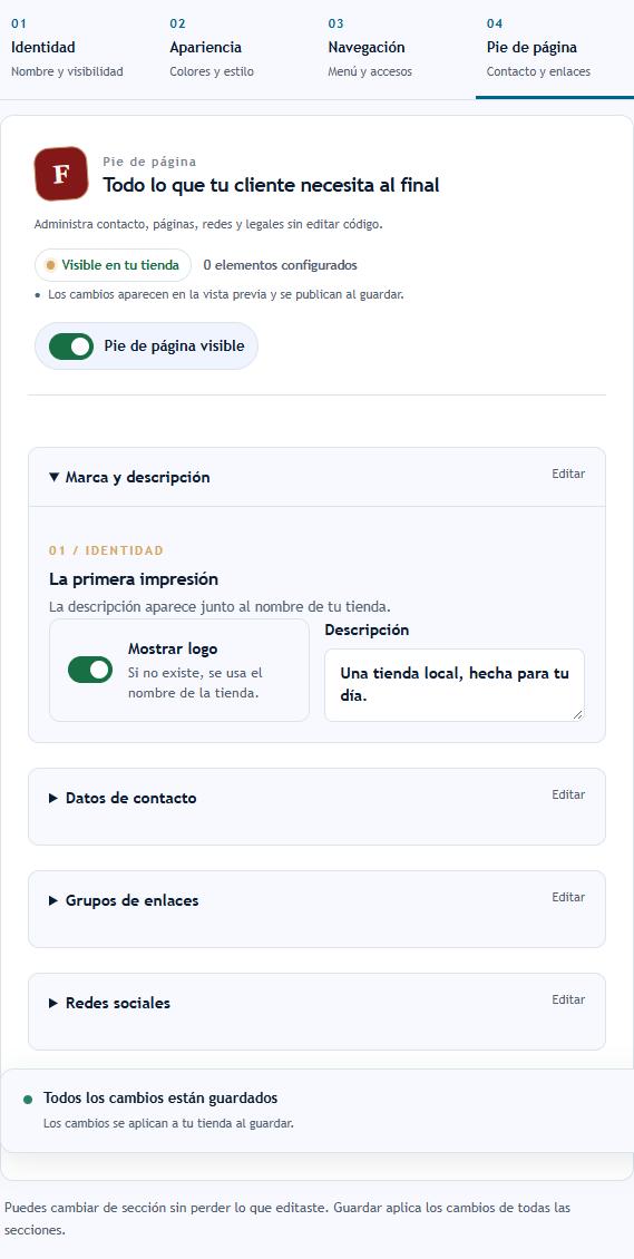 Configurar la marca contacto y enlaces del pie Configurar la marca contacto y enlaces del pie
