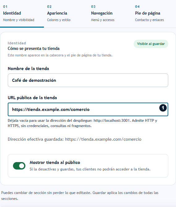 URL pública y dirección efectiva guardada Guardar la URL pública de la tienda
