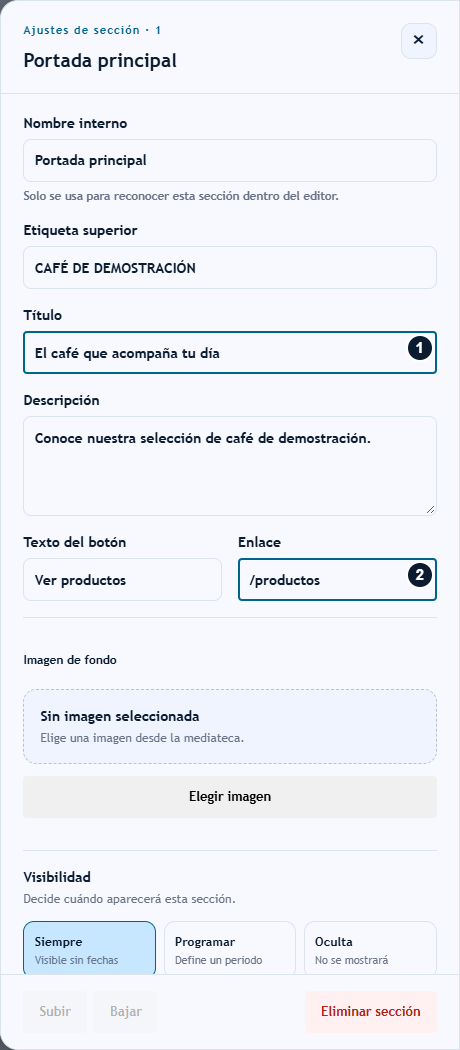Editar textos enlaces y visibilidad de una sección Editar textos enlaces y visibilidad de una sección