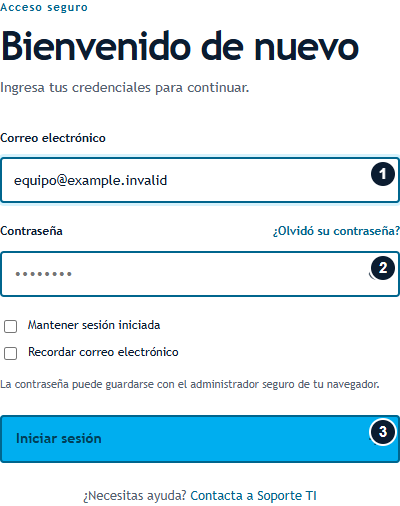 Acceso · Introducir credenciales Formulario de acceso con correo marcado como 1, contraseña como 2 e Iniciar sesión como 3