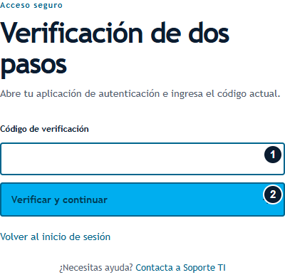 Acceso · Verificación de dos pasos Segundo factor con el campo de código marcado como 1 y Verificar y continuar como 2