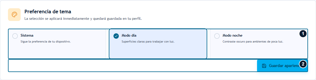 Opciones Sistema, Modo día y Modo noche y botón Guardar apariencia señalados