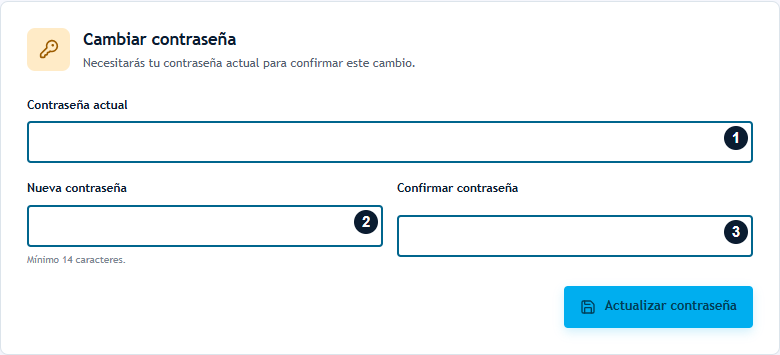 Formulario de cambio de contraseña con actual, nueva y confirmación numeradas