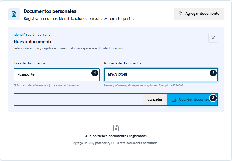 Formulario de identificación personal con tipo, número y guardar marcados