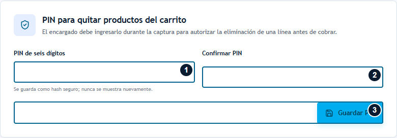 Formulario de PIN de ventas con sus dos campos y Guardar PIN numerados