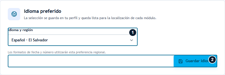 Selector Idioma y región y botón Guardar idioma numerados