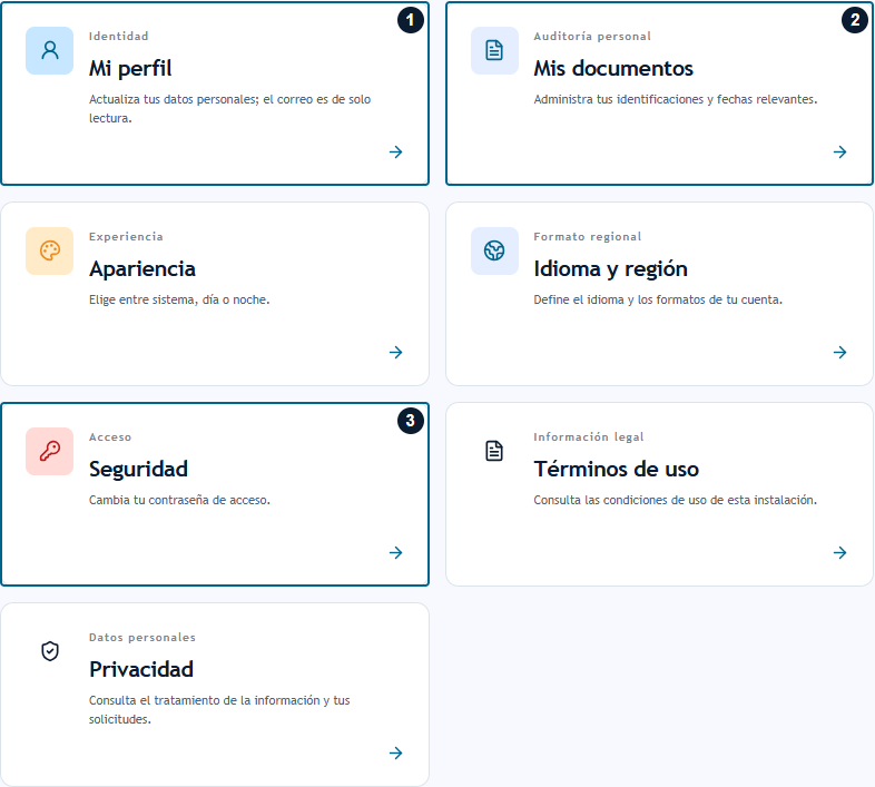 Secciones de Configuración con Mi perfil, Mis documentos y Seguridad numerados