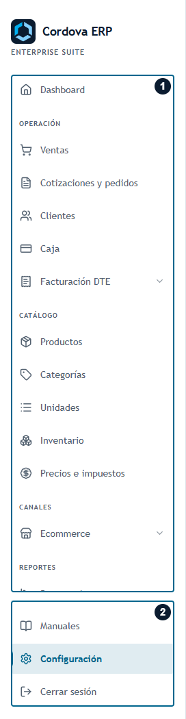 Navegación · Localizar un módulo Menú lateral real con las secciones de trabajo y los accesos de pie numerados