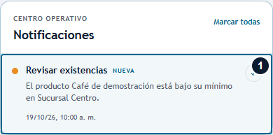 Navegación · Leer los avisos Panel de notificaciones con un aviso ficticio de inventario y la acción Marcar todas