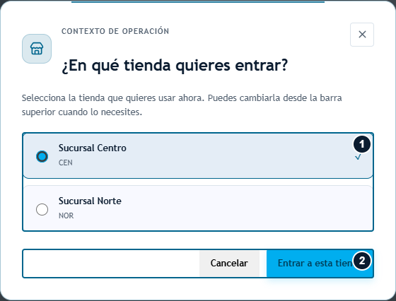 Navegación · Elegir tienda activa Selector de tienda con Sucursal Centro seleccionada y el botón de confirmación numerados