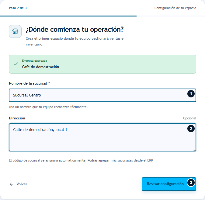 Segundo paso del asistente con nombre, dirección y Revisar configuración numerados
