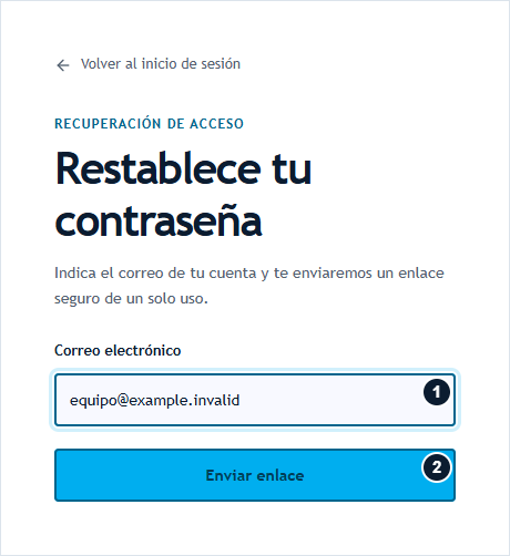 Recuperación · Solicitar un enlace Recuperación con correo de demostración en 1 y Enviar enlace en 2