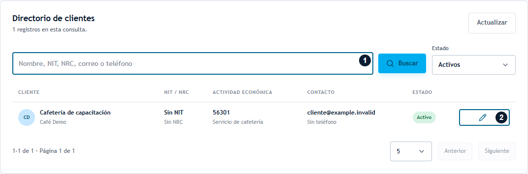Buscar antes de crear un cliente Directorio con búsqueda y acción de edición del cliente ficticio