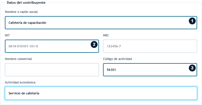 Crear: datos del contribuyente Formulario de identidad fiscal con nombre, NIT y código de actividad señalados
