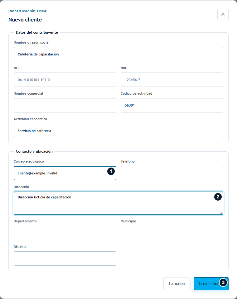 Crear: revisar contacto y guardar Contacto y ubicación del cliente ficticio antes de pulsar Crear cliente