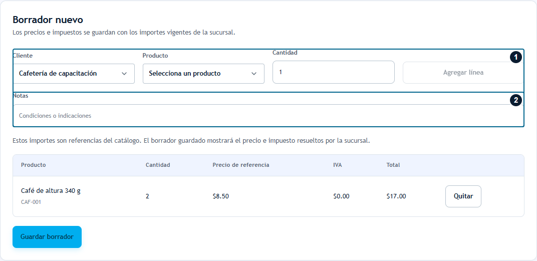 Preparar las líneas del borrador Borrador con cliente, producto, cantidad y notas de demostración