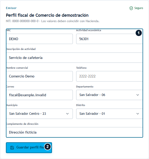 Completar el perfil del emisor Perfil fiscal ficticio con datos del emisor y botón Guardar perfil fiscal