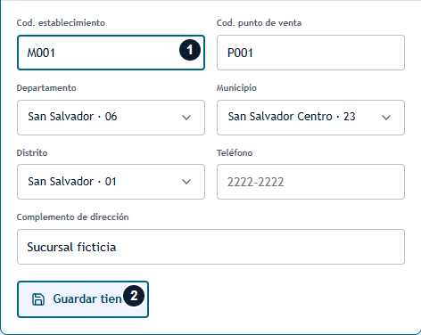 Configurar el punto de emisión de una sucursal Establecimiento con códigos M001 y P001, ubicación y acción Guardar tienda