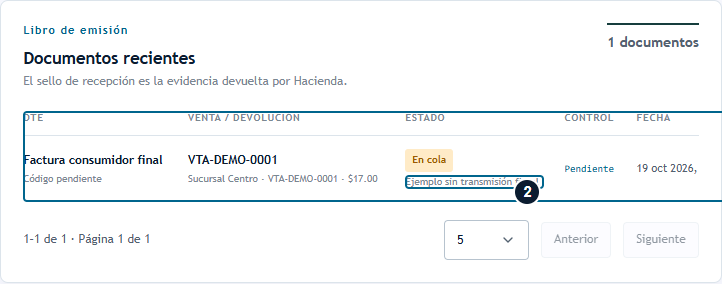 Localizar la operación y leer el estado del documento Documento de demostración en cola con mensaje sin transmisión fiscal