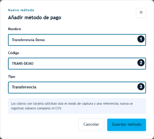 Preparar un método de pago Formulario de método con nombre, código y tipo de transferencia