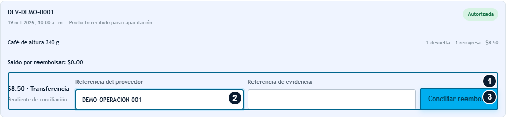 Conciliar un reembolso externo pendiente Reembolso por transferencia pendiente con referencia y acción de conciliación