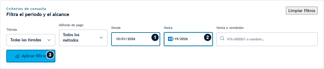 Definir el periodo y aplicar la consulta Filtros de tienda, método, fechas y botón Aplicar filtros
