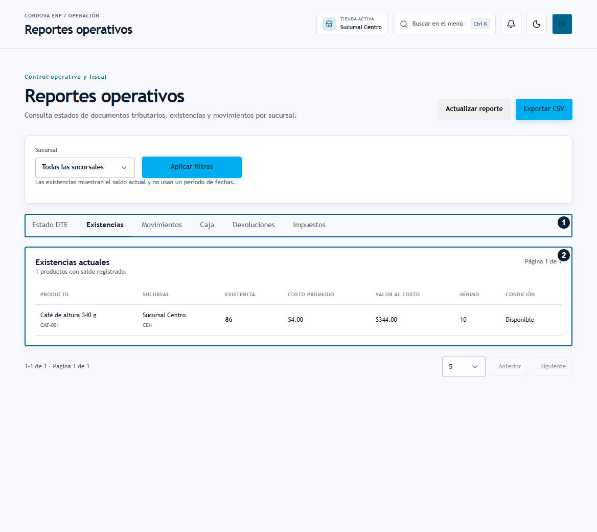 Elegir el tipo de reporte operativo Reportes operativos con pestaña Existencias y saldo actual de un producto