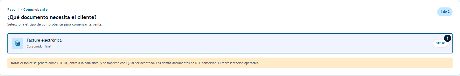Paso 1: elegir el comprobante Selección de Factura electrónica en el paso de comprobante