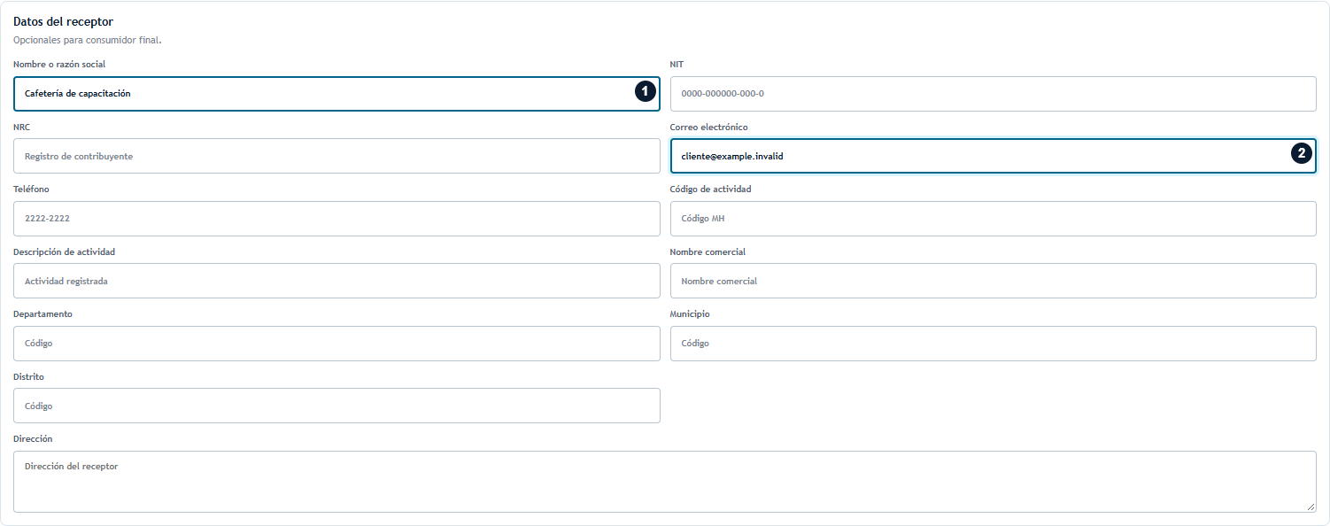 Paso 2: identificar al receptor Datos del receptor con nombre y correo ficticios marcados
